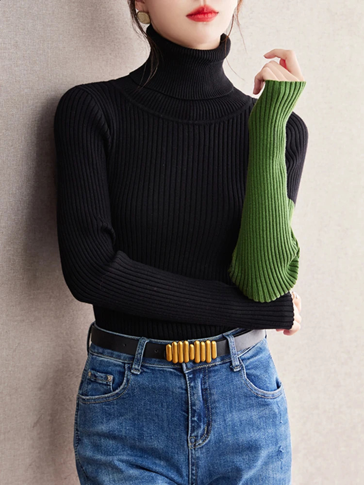 Contrast Color Splicing Slim Fit Top Autumn Long Sleeve Turtleneck Sweater Women Soft Knitted Pullover Tops 240824