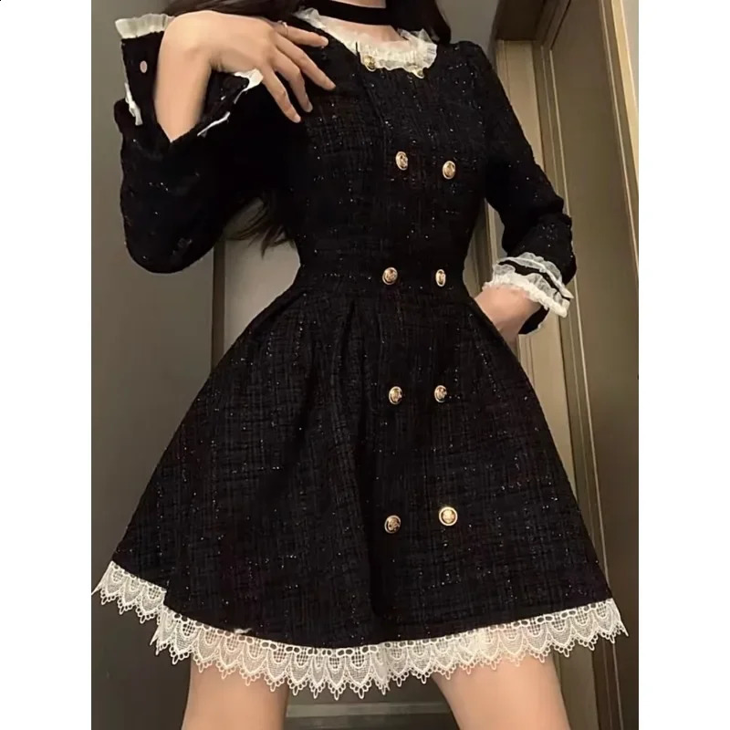 Tweed Princess Dress Black Retro Long Sleeve Casual A-line Dresses French Hepburn Style Vintage Sweet Skirts Chic Female Clothes 240824