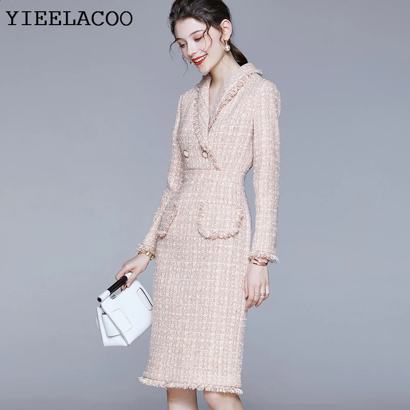 Pink tweed dress spring / autumn womens dress tassel Long sleeved ladies slim bottoming dress one-piece 240824