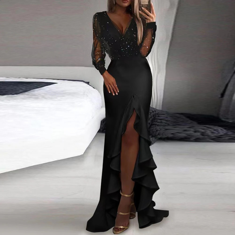 Women Sexy V-Neck Dresses Mesh Sequin Elegant Temperament Slim Fit Split Long Skirt Summer Long Sleeve Party Cocktail Maxi Dress 240823