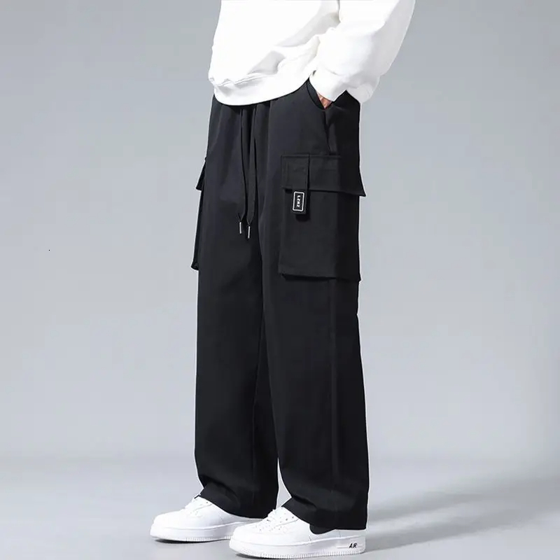 Mens straight black cargo pants autumn gray large size casual retro Techwear est Y2k bagged Harajuku w240824