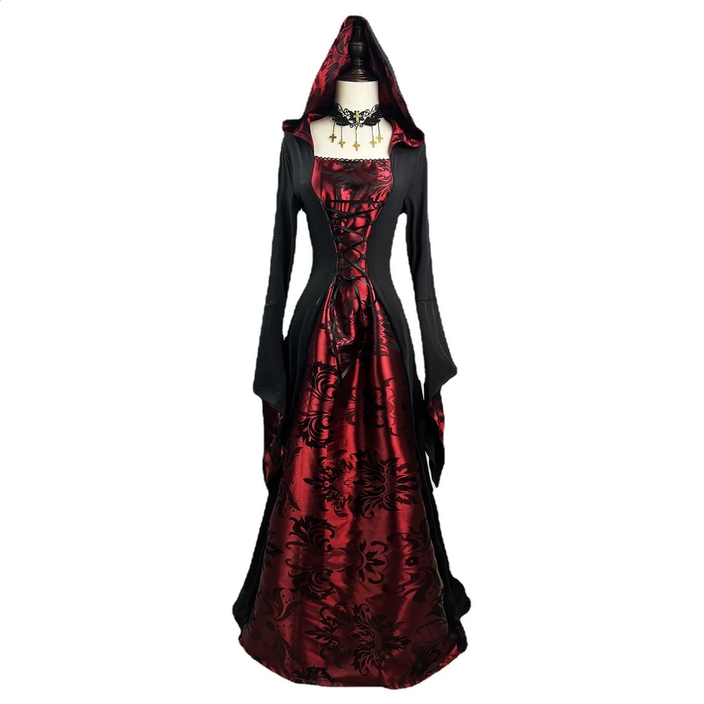 Medieval retro Gothic hoodie witch long leather y womens party dress cosplay Halloween adult costume 240823