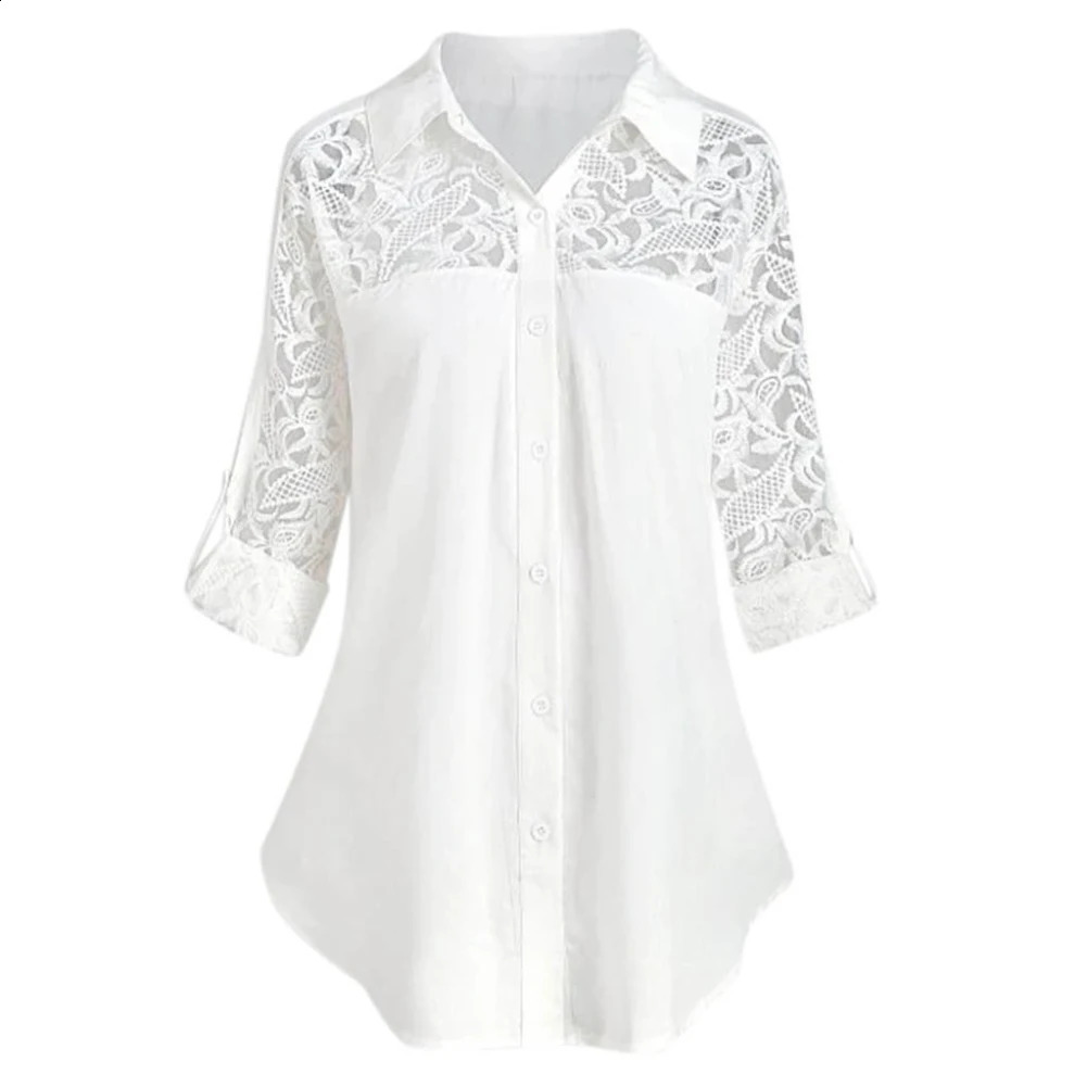 Women Casual Ladies solid color Turn Down Collar lapel long-sleeved lace stitching single-breasted office top shirt 240823