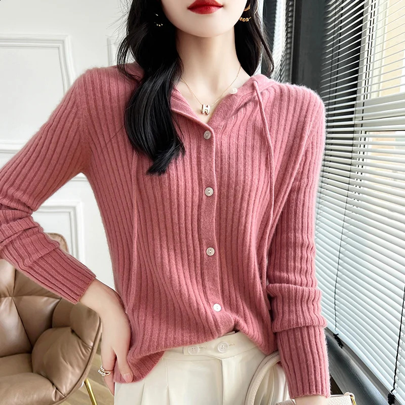 Womens Cardigan Autumn/Winter 100% Wool Sweater Casual Solid Knit Cardigan Hooded Collar Tops Ladies Clothes Slim Fit Blouse 240824