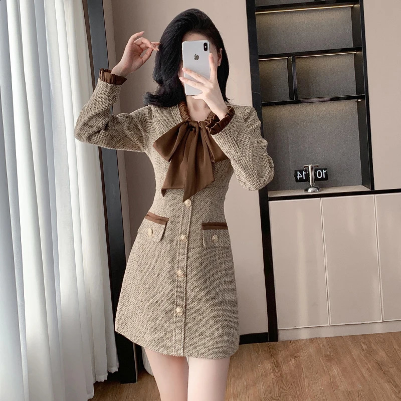 Autumn Fashion Women Tweed Dress Long Sleeve short vestidos de fiestas elegante mujer robes evening dress elegante 240824