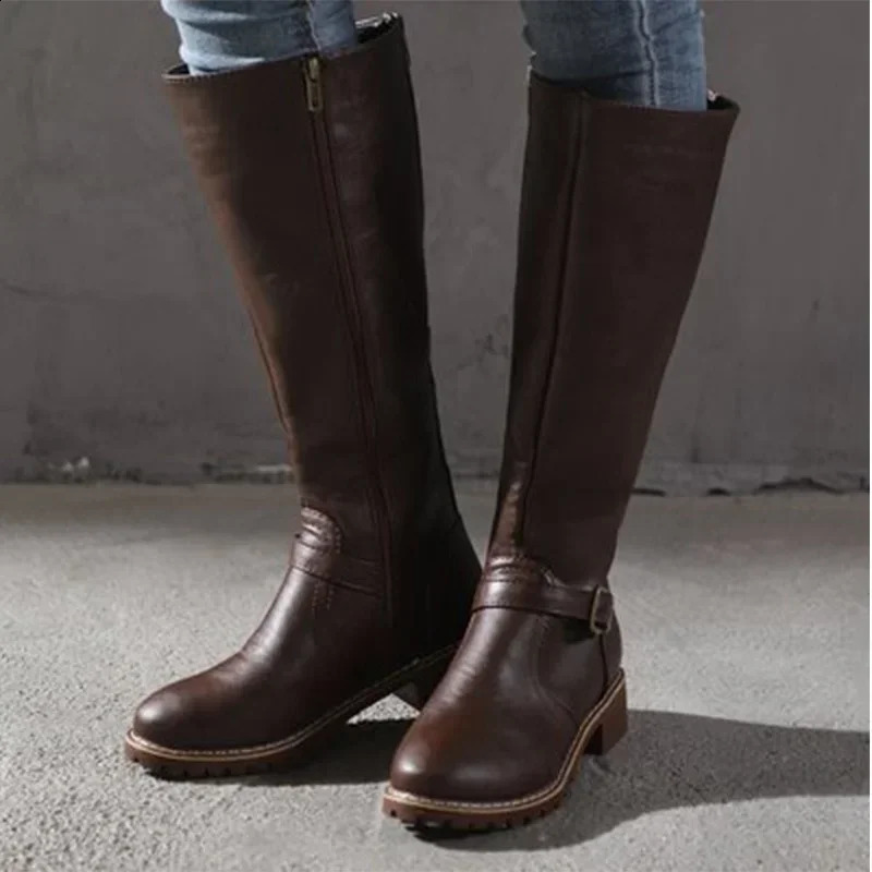 Womens leather knee high boots womens buckle long knight boots womens combat boots womens low boots Plus size 43 240823