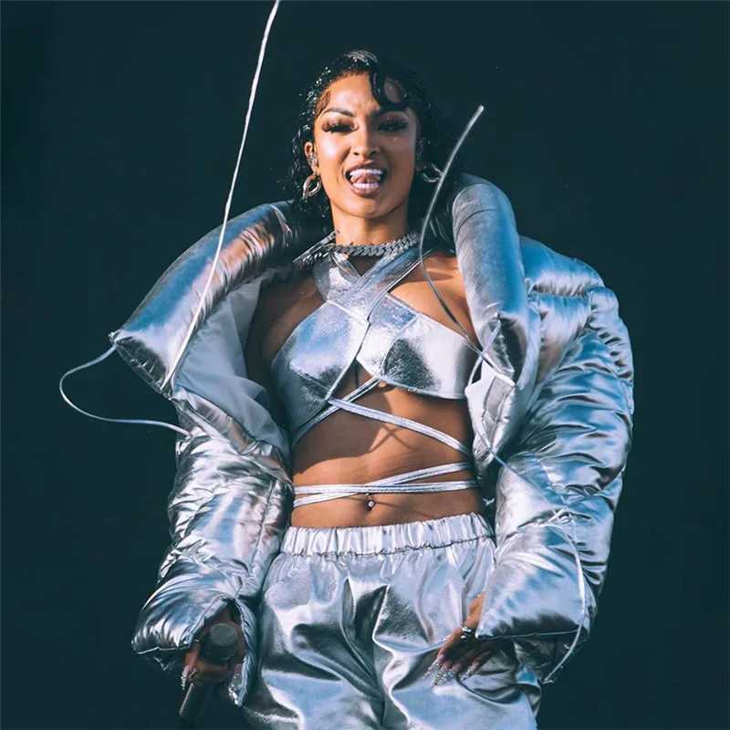 Women's Down Parkas Women Shiny Silver Crop Puffer Jackets Winter Thick Bubble Coats High Waist Bandage Metallic Silver Cardigan Puff Parkas Jack