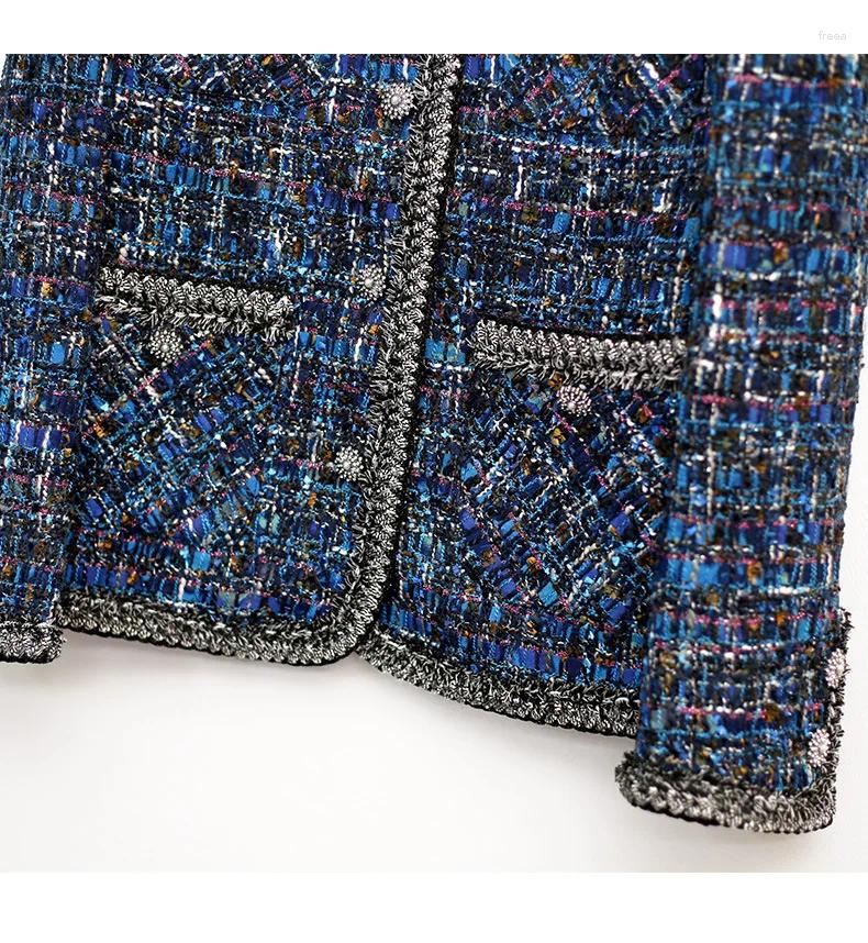 Women's Jackets Blue Tweed Jacket For Spring/autumn/winter Top Small Fragrant Style High-end Socialite Classic