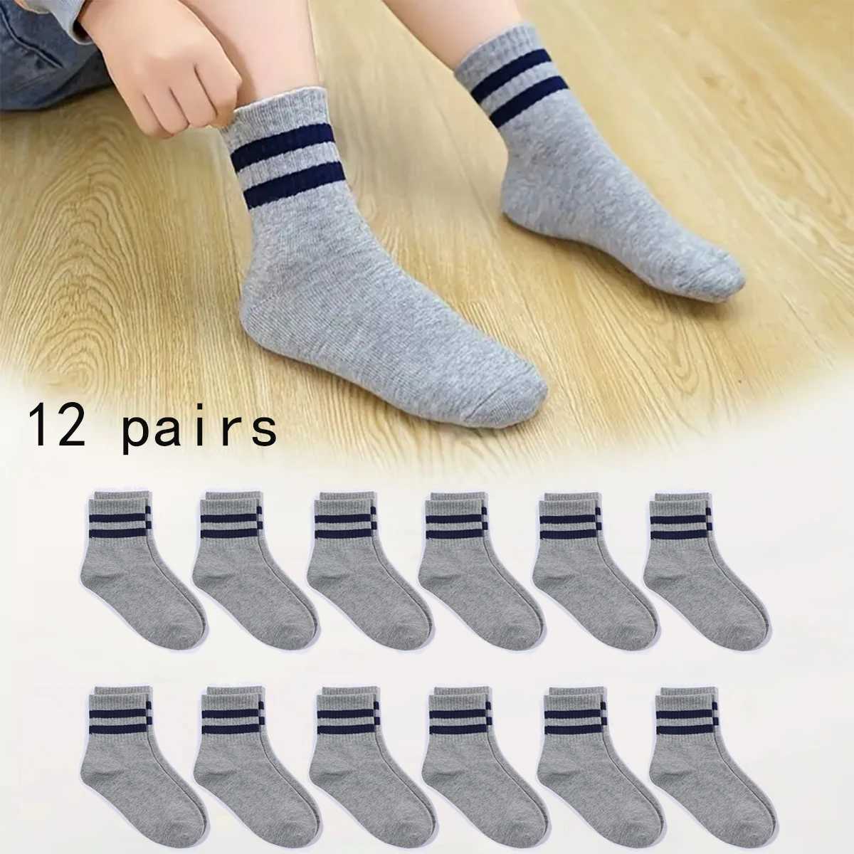 12 pairs of striped Preppy Crew childrens socks - unisex fashionable solid color striped pattern round neck socks CL240824