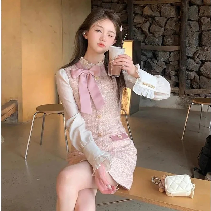 Women Spring Autumn Sweet Pink Mini Dress Korean Lady Graceful Bowknot Patchwork Long Sleeve Dresses Tweed Gown Female 240824