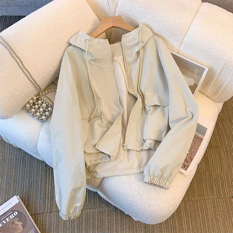 Y2K Autumn Cargo Jackets Women Fashion Loose Streetwear Hooded Zipper Windbreaker Bf Korean Solid Chic All-Match Crop Coats 240823