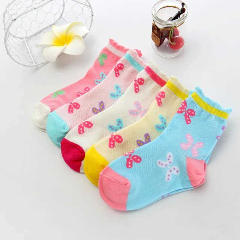 5 Pairs/Lot Spring Autumn High Quality Girls Socks Cotton Butterfly Candy Color Socks For Girls 3- 12 Year Children Socks CL240824