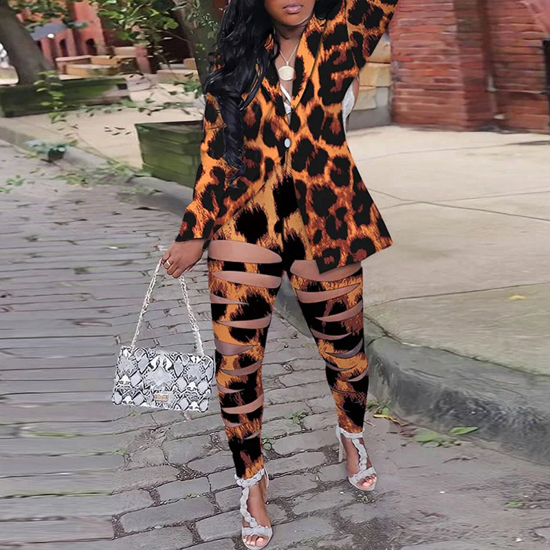 Plus Size Women Two Piece Set Turn Down Collar Vintage Print Autumn Long Sleeve Jacket Blazer Slim Hollow Out Pants Suit 240823