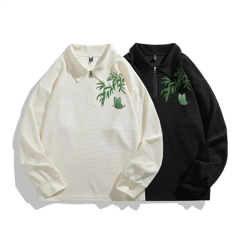 Waffle Polo Shirt Sweatshirt Harajuku Street Loose Fit Tops Cartoon Printed Pattern Half Zip Long Sleeve Sweatshirts 240824