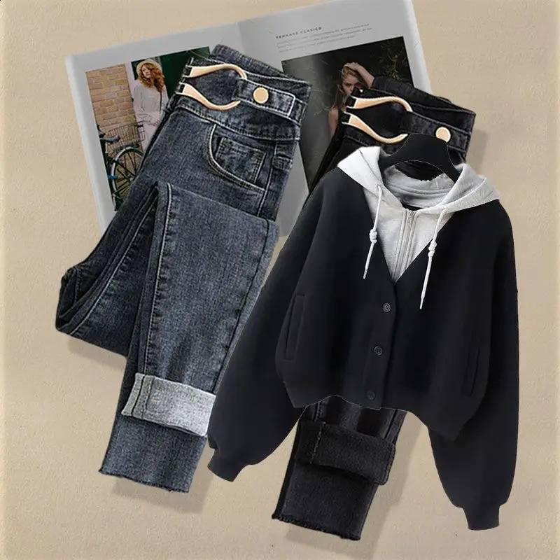 AutumnWinter Set for Women Hepburn Style Two piece Hoodie Loose Sweater Weight Loss Jeans Winter Clothing 240823