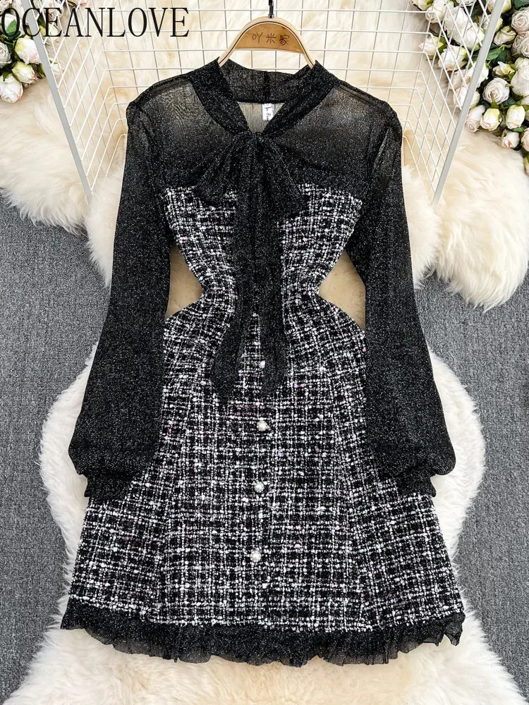 OCEANLOVE Tweed Ruffles Elegant Vestidos De Mujer Patchwork Autumn Winter Bow Women Dresses Vintage Sweet Mini Dress Korean 240824