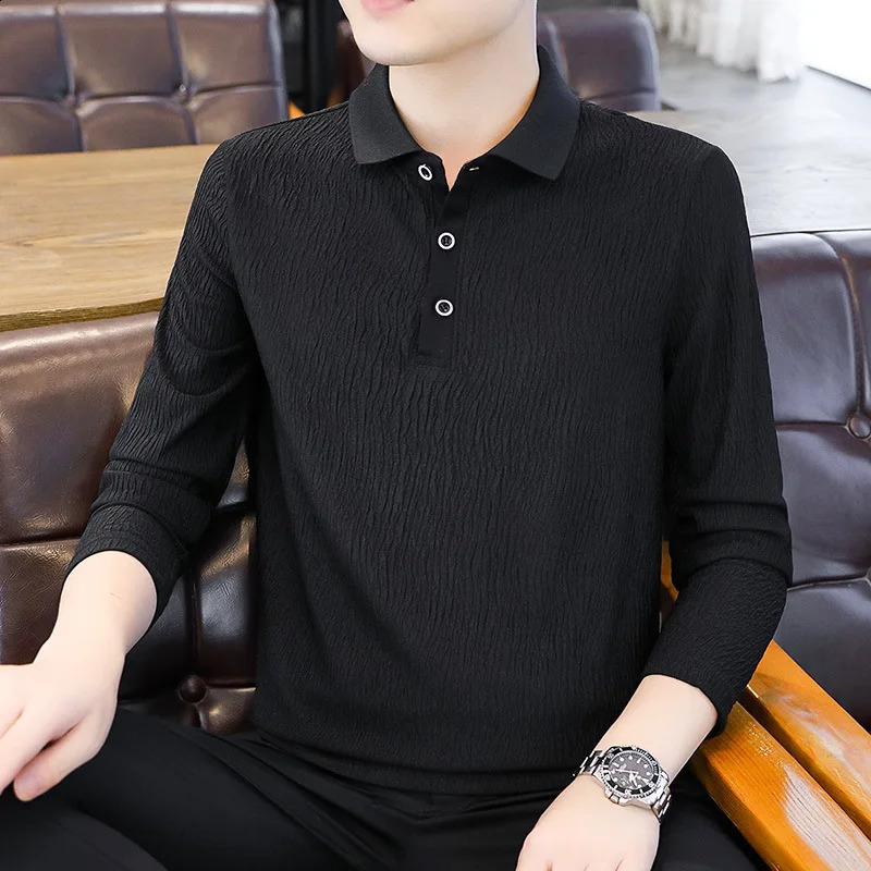 Mens Long Sleeve Polo Shirt Casual T-shirt Spring Autumn Loose Polo Collar Mens Wear Plus Size Crumpled Pleated Shirts 3xl 4xl 240824
