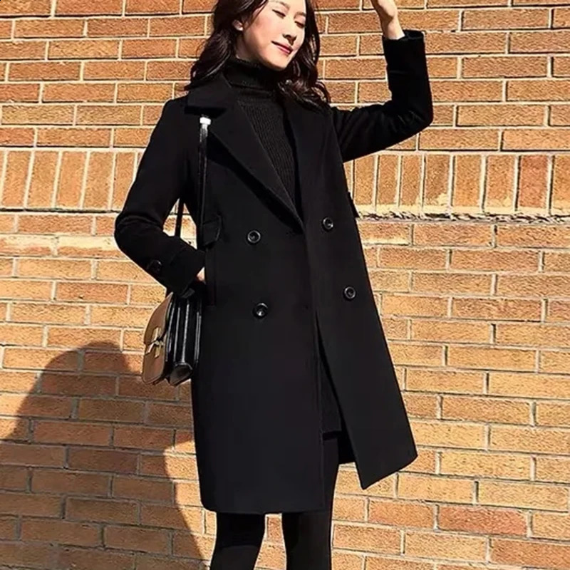 Women Autumn Winter Black Woolen Coat Female Suit Collar Korean Fashion Wool Blend Overcoat Mid Length Add Cotton Warm Jacket 240823