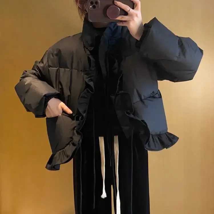 Women's Down Parkas Nomikuma Korean Short Irregular Ruffle Woman Parkas Autumn Winter Swt Outwear Jacket Causal Long Slve Turtleneck Parka Coat Y