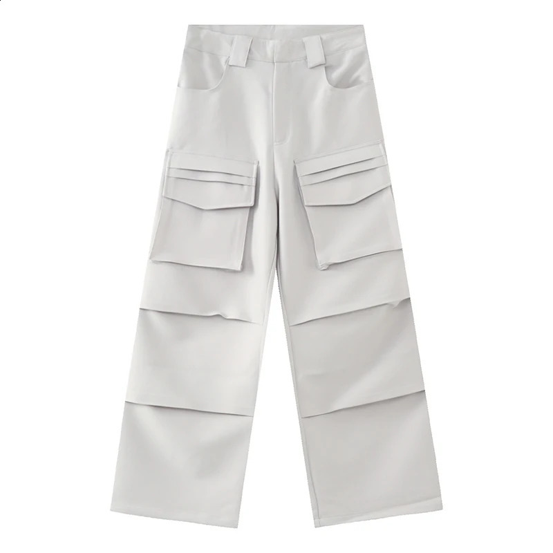 Retro cargo pants mens solid color large pocket straight wide leg casual 240823