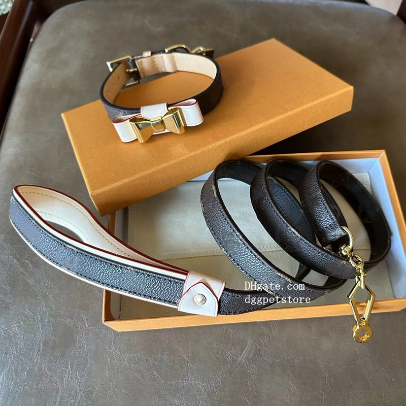 Luxury Dog Collar Dog Gift - Leather Designer Dog Collars and Leash set - Durable Pets Collar with Bow - Stylish and Comfortable Cats Collars Small, Medium, Large Brown B61