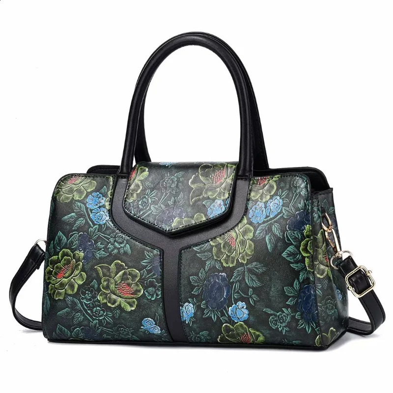 Fashion shoulder bag womens retro floral pattern portable handbag PU Communicating Boston womens cross body handbag 240904
