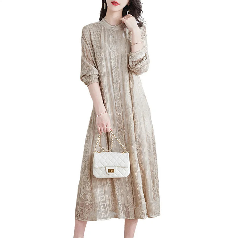 Real Silk Mulberry Silk Midi Dress for Women Wrist Sleeve Single Breasted Base Soft Dress Chinese Style Summer 240824
