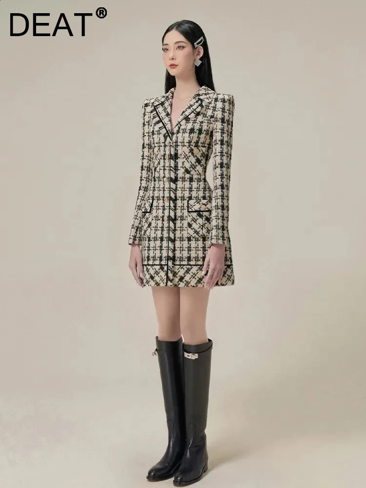 DEAT Elegant Dresses Plaid Tweed Lapel Contrast Color Long Sleeve Waist Womens Mini Dresses Autumn Fashion 13DB1384 240824