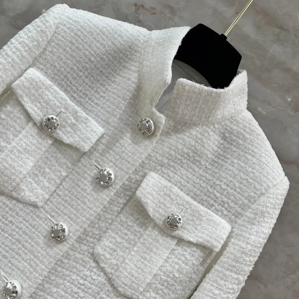 Top End Women Fashion Tweed Stand Collar Long Sleeve High Waist Slim Short Dress Elegant Lady Single Breasted White A-line Dress 240824