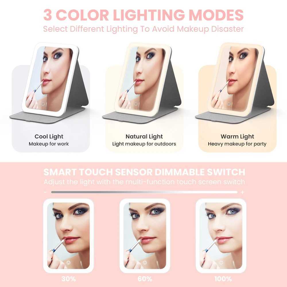 Travel Makeup Mirror With LED Light Rechargeable Vanity Mirror Desk Folding Cosmetic Mirror 3 Color LED Mirror Light For MakeupXJ241213