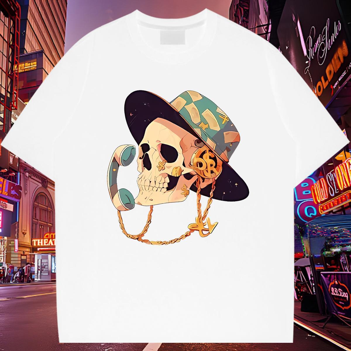 TOP Quality T-Shirts for Men 230g 100% Cotton skull Casual Asian Size Round Neck Short Sleeve Men Tshirts Fashion New Tees
