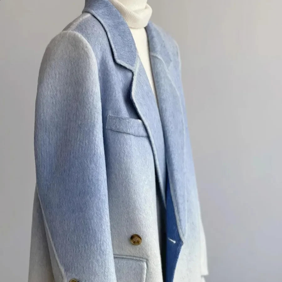 Elegant Blue Gradient White Overcoat Jacket For Women Highend Winter Woolen Goods Doublesided Zippered Clearance Sale 240823