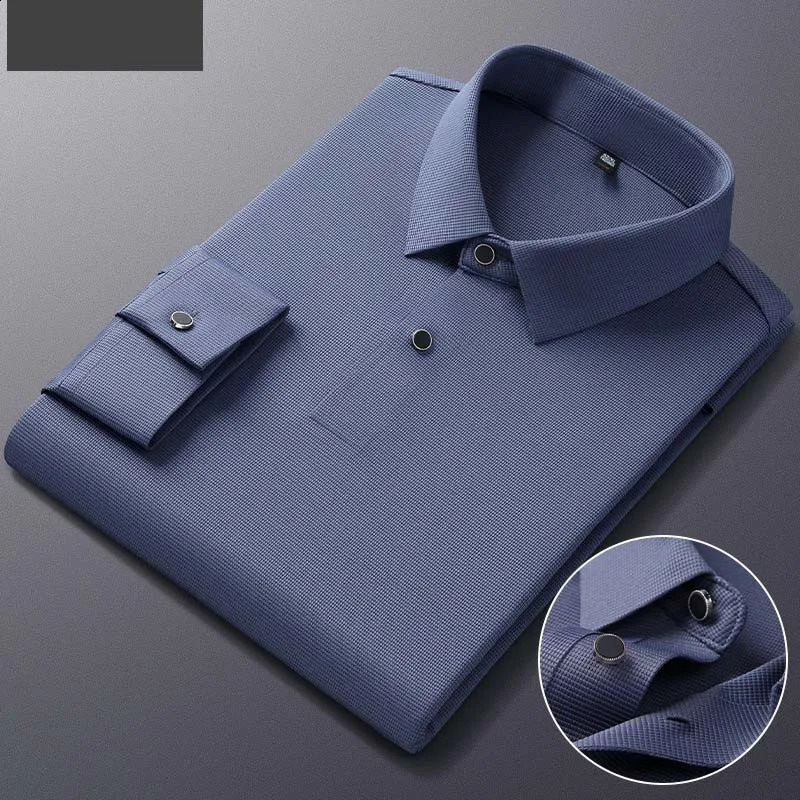 Mens polo shirt long sleeved highquality lapel seamless high elasticity top casual slim fit mens clothing 240823