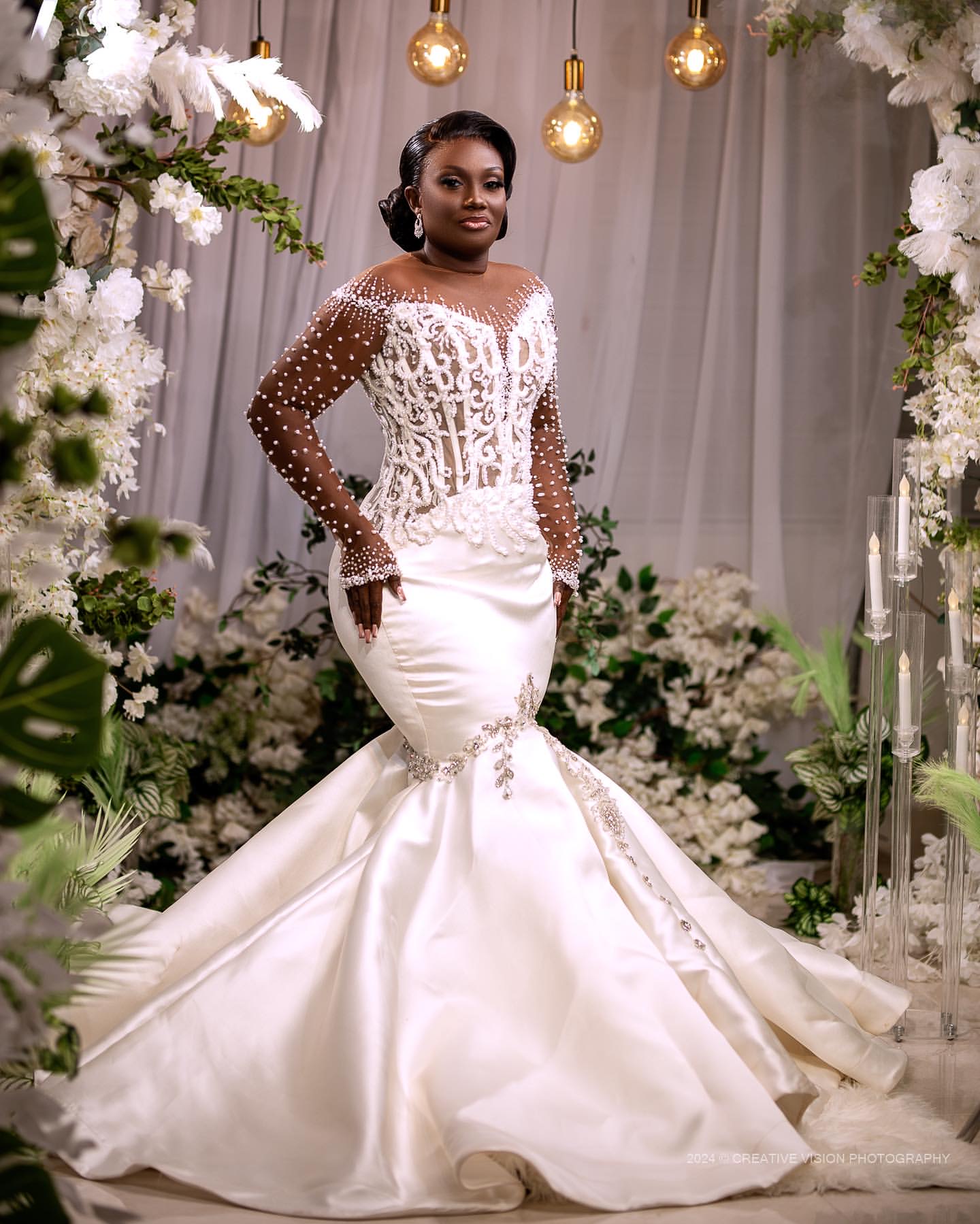 African Aso Ebi 2024 Luxurious Ivory Mermaid Wedding Dress Satin Lace Rhinestones Pearls Full Sleeves Elegant Bridal Gowns Dresses ZJ219