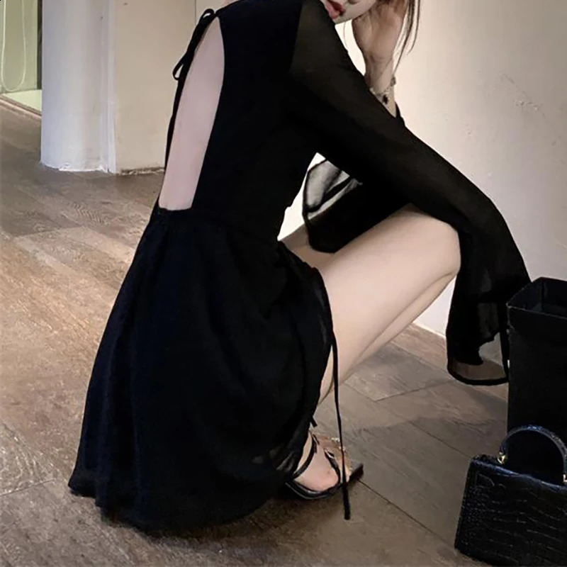 Backless Black Dress Women Elegant Back Hollow Out Lace-up Long Sleeve Mesh Patchwork Sexy Slim Ruffle Mini Dress Party 240823