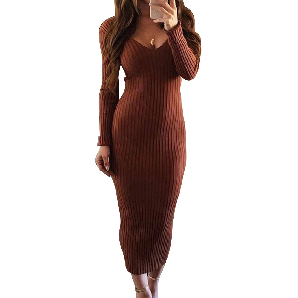 woman dress Sexy Women Long Sleeve V Neck Backless Ribbed Bodycon Slim Knitted Midi Dress dresses for women vestido de mujer 240823