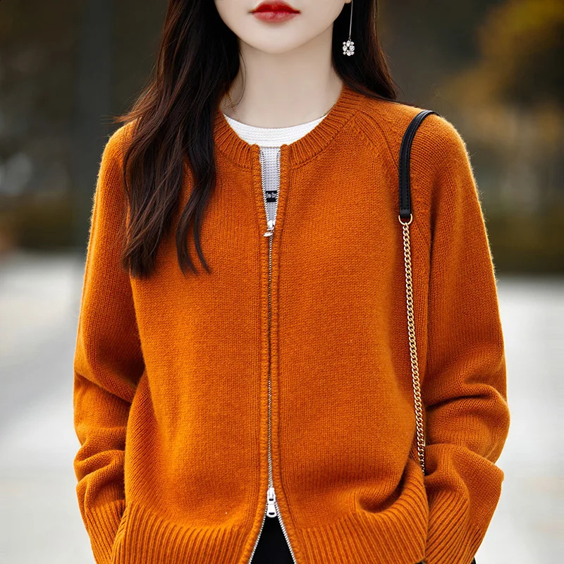 BELIARST Womens Top Spring Wear Zipper Cardigan 100% Pure Wool Knitted O-Neck Coat Casual Loose Long sleeved Jacket 240824