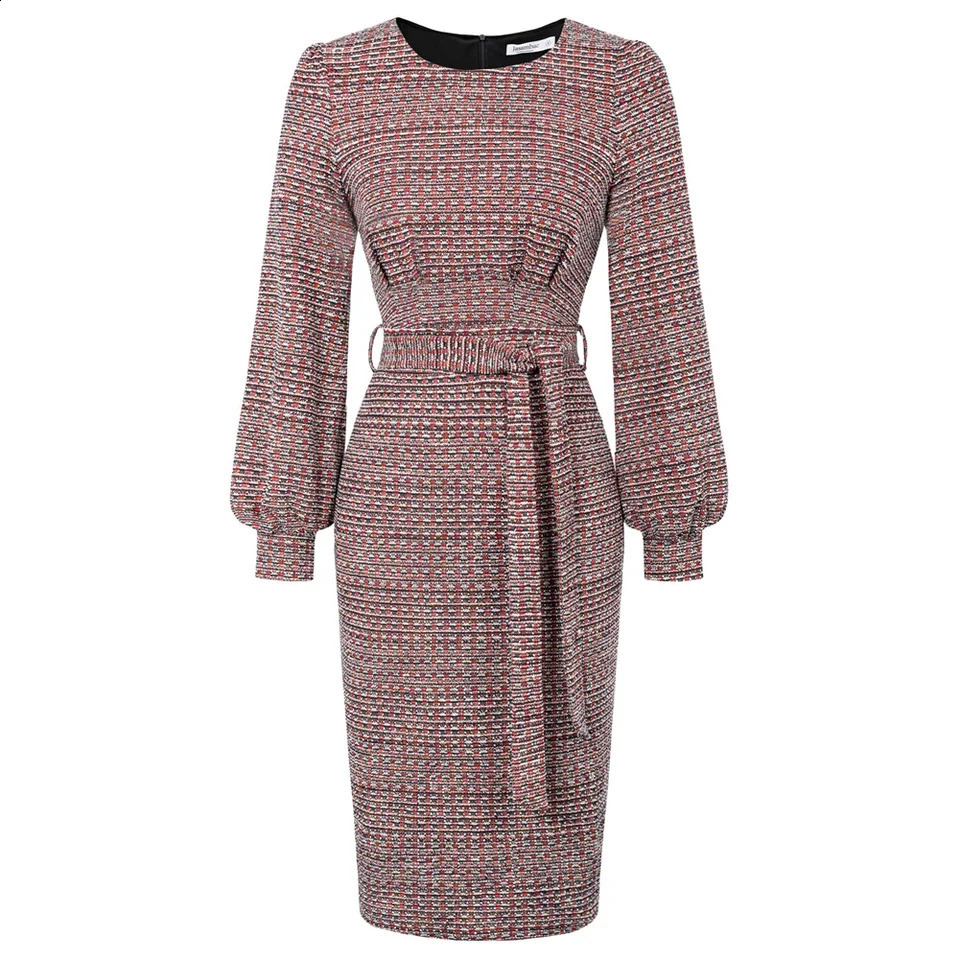 Womens Causal Tweed Dress OL Long Sleeve Crew Neck Back Slit Bodycon Dress Slim Fit Ladies Elegant Mid-calf Zip Up Long Skirt 240824