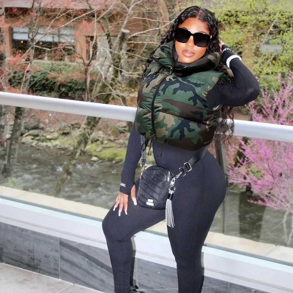 Women's Down Parkas Women Camouflage Puffer Jackets Vest Slveless Camo Bubble Coats Parkas Down High Waist Drawstring Vests Cotton Cropped Parka 
