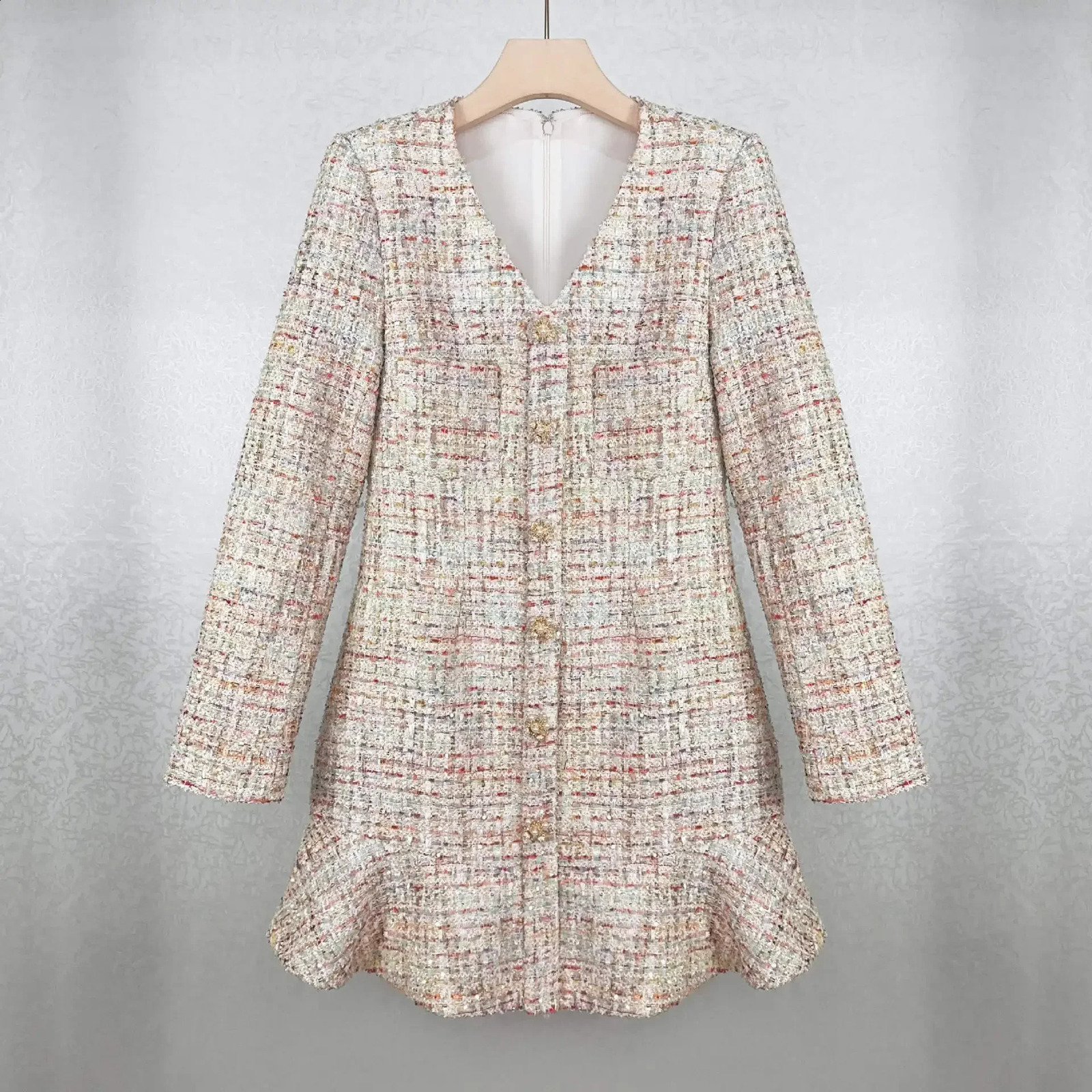 Women Early Fall Tweed Blended V-Neck Long Sleeve Ruffle Dress 240824