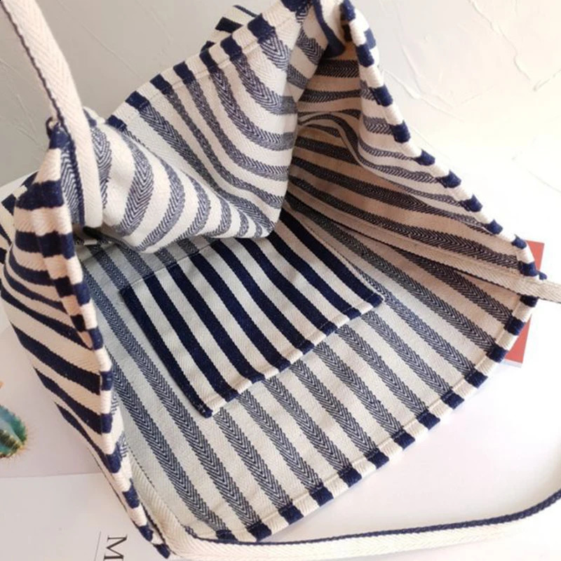 Large capacity canvas womens shopping bag simple striped shoulder casual multifunctional travel handbag 240823