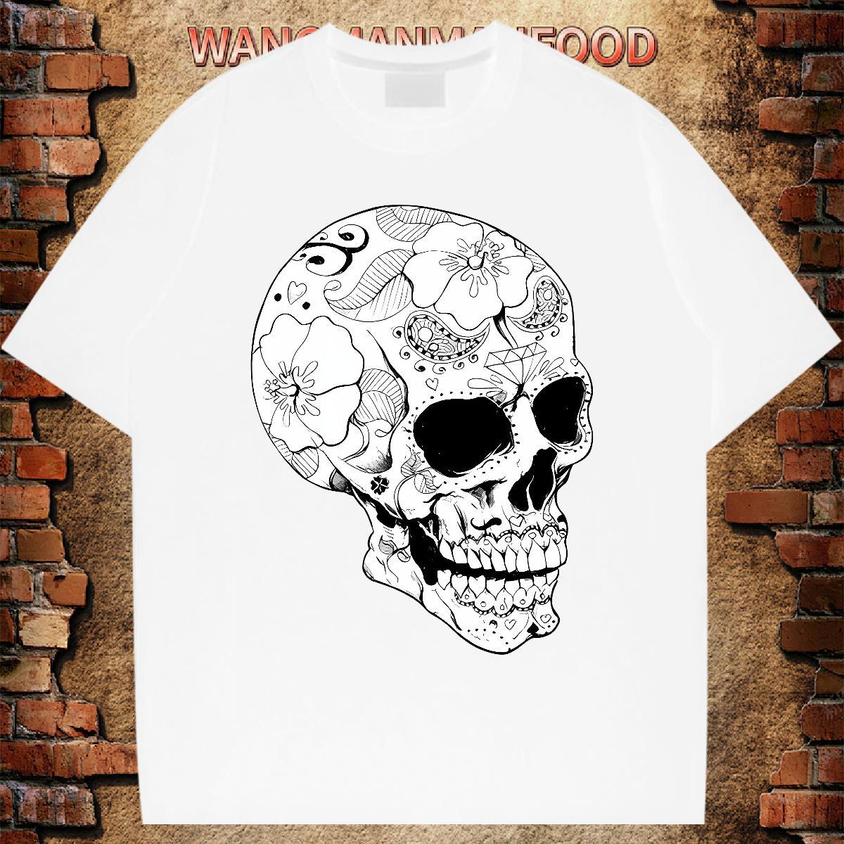 Wholesale T Shirts Men 230g 100% Cotton skull Street Casual White Plus Size Breathable Men Tops Tees Fashion Design Clothes