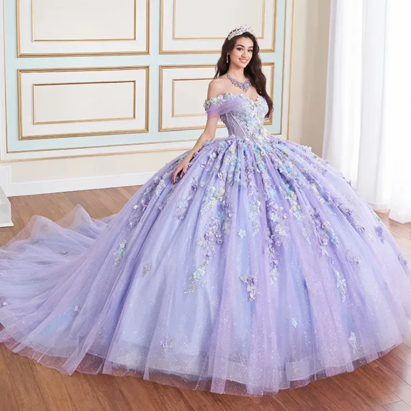 Lavender Mexican Quinceanera Dresses Off The Shoulder Applique Lace wer Beads Tull vestido 15 De Corset Birthday Party Sweet 16 Dress