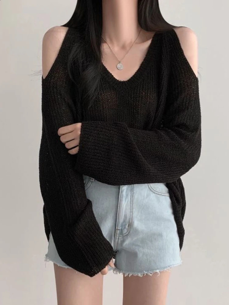 Korean Dongdaemun Off Shoulder Long Sleeve Sweater V-Neck Oversize Pullover Elegant Youth Sexy Knitwear 240824