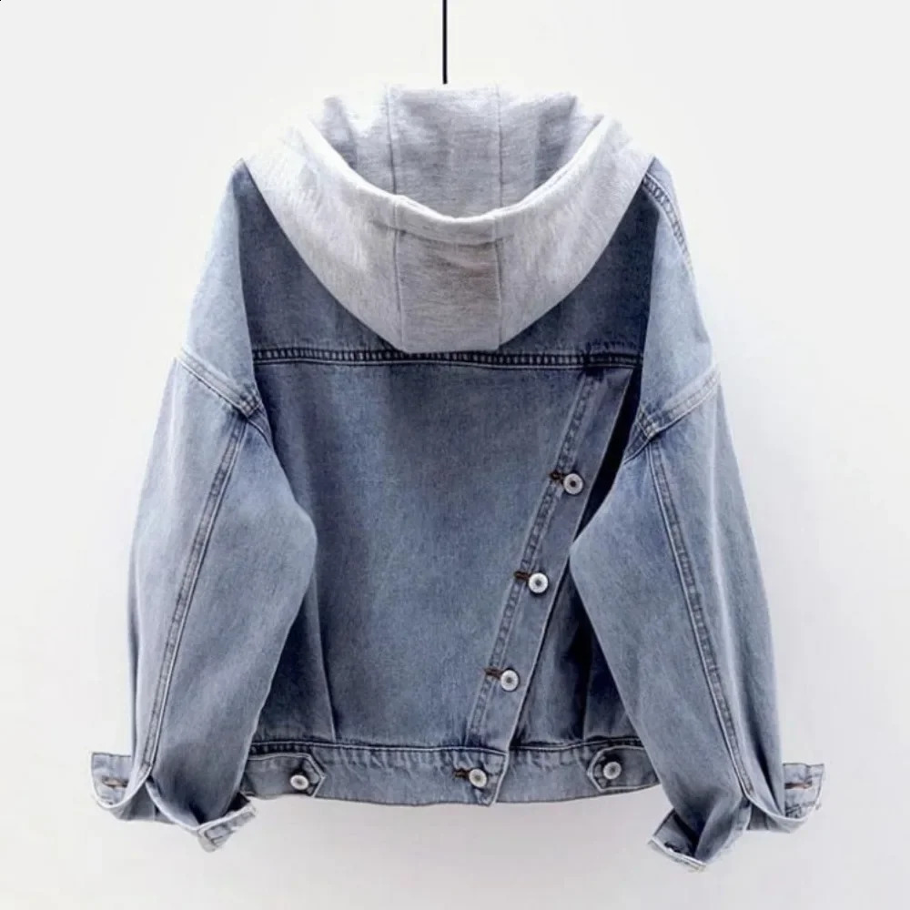 Southeast Asias Korean Style Hooded Denim Jacket Womens Short Fashion Large Pocket Jacket Casual Top 240823