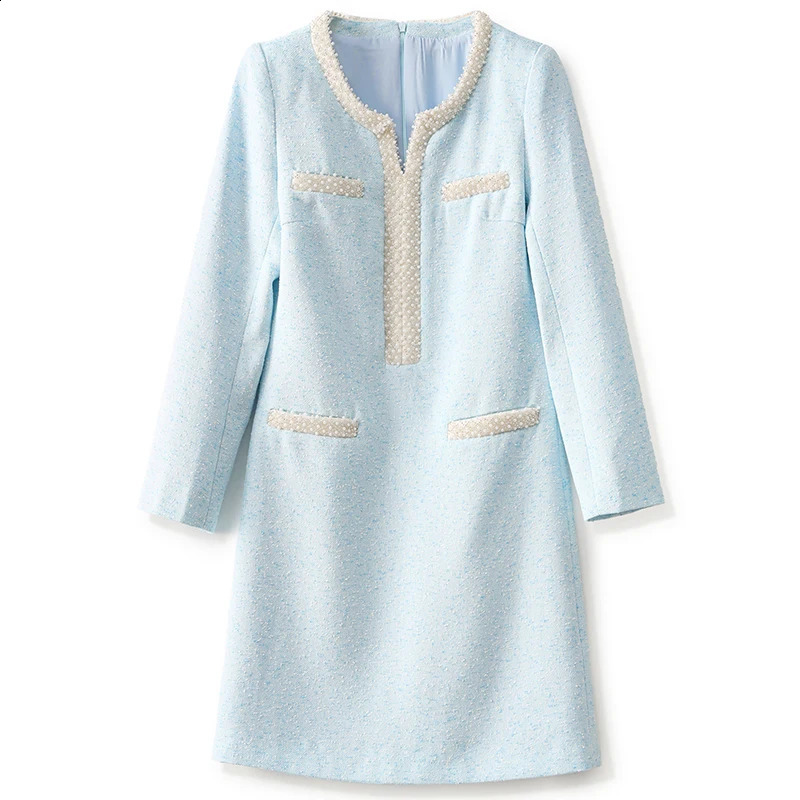 Elegant Fashion Dresses For Women Autumn Winter Womens Clothing Beading V-neck Long Sleeve Office Lady Wool Tweed Dress 240824