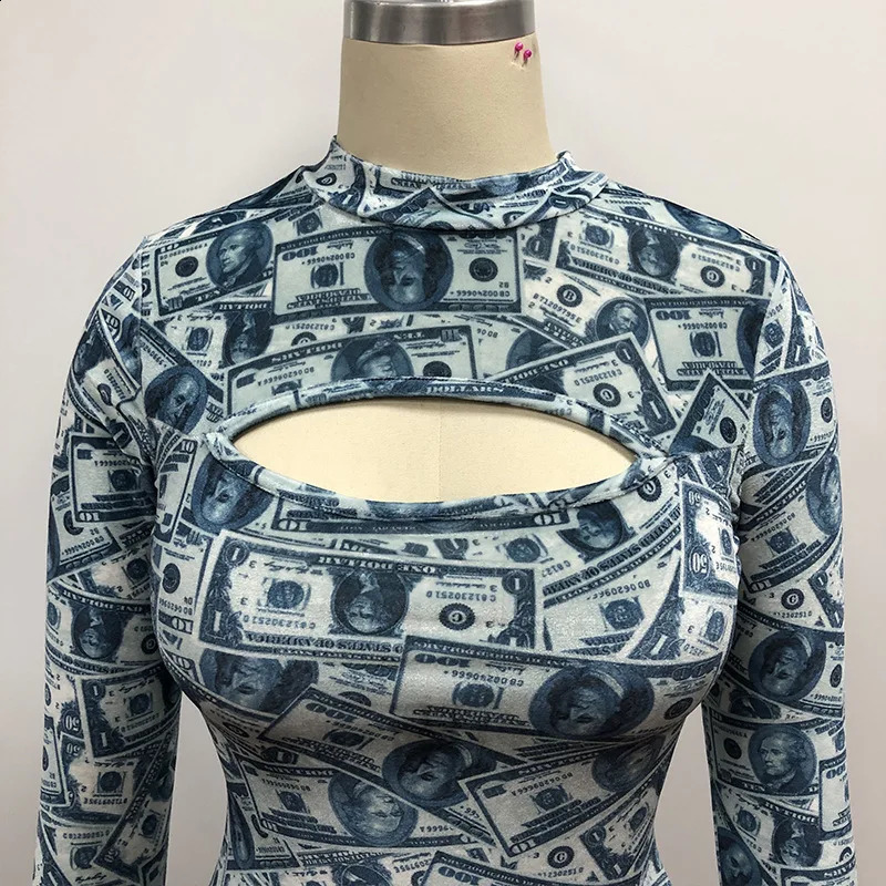 Sexy Women Dollar Printed Long Sleeve Mini Dress Stretch Tight Wrap Hip Dress Bodycon Party Clubwear NightClub Dress 240823