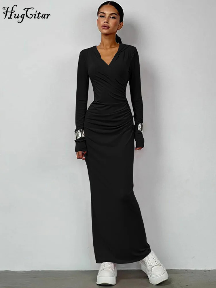 Hugcitar Solid Hoodies V Neck Long Sleeve Draped Sexy Slim Maxi Dress Winter Women Fashion Y2K Outfits Streetwear Party 240823