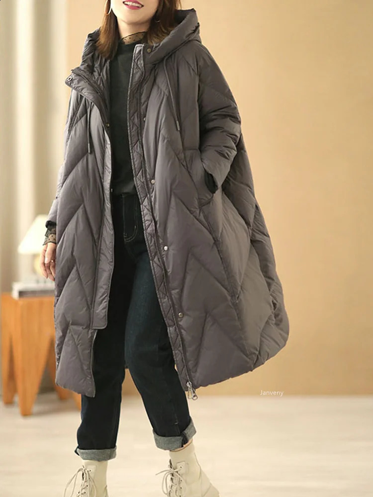 Janveny Women Loose Long Coat 90 White Duck Down Jacket Winter Female Overcoat Hooded Puffer Feather Parkas 251022