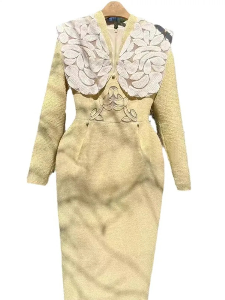 DEAT Womens Patchwork Embroidery Tweed n Dress Models V-neck Long Sleeve Zipper Contrast Color Female 15C450 240824